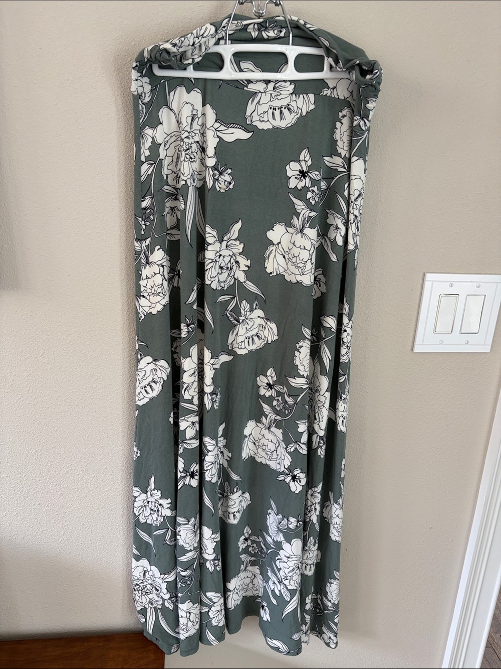 Floral Maxi Skirt in Olive Green and White by